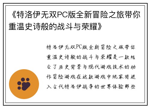 《特洛伊无双PC版全新冒险之旅带你重温史诗般的战斗与荣耀》