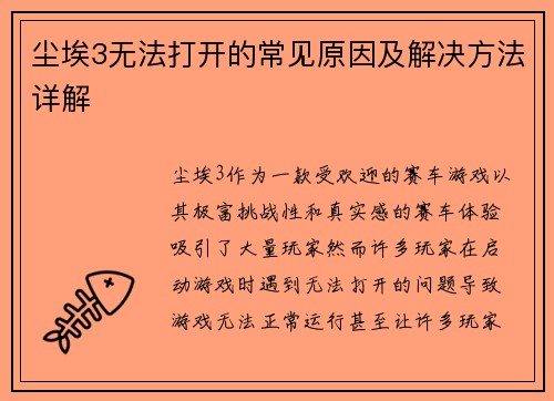 尘埃3无法打开的常见原因及解决方法详解